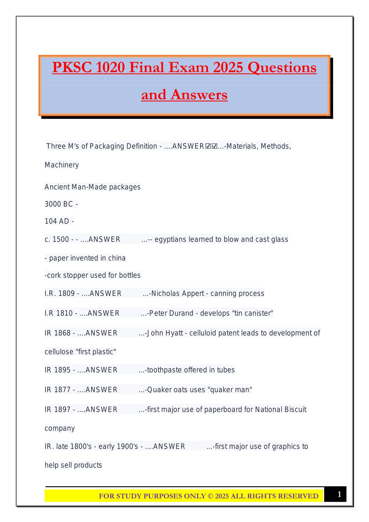 PKSC 1020 Final Exam 2025 Questions and Answers