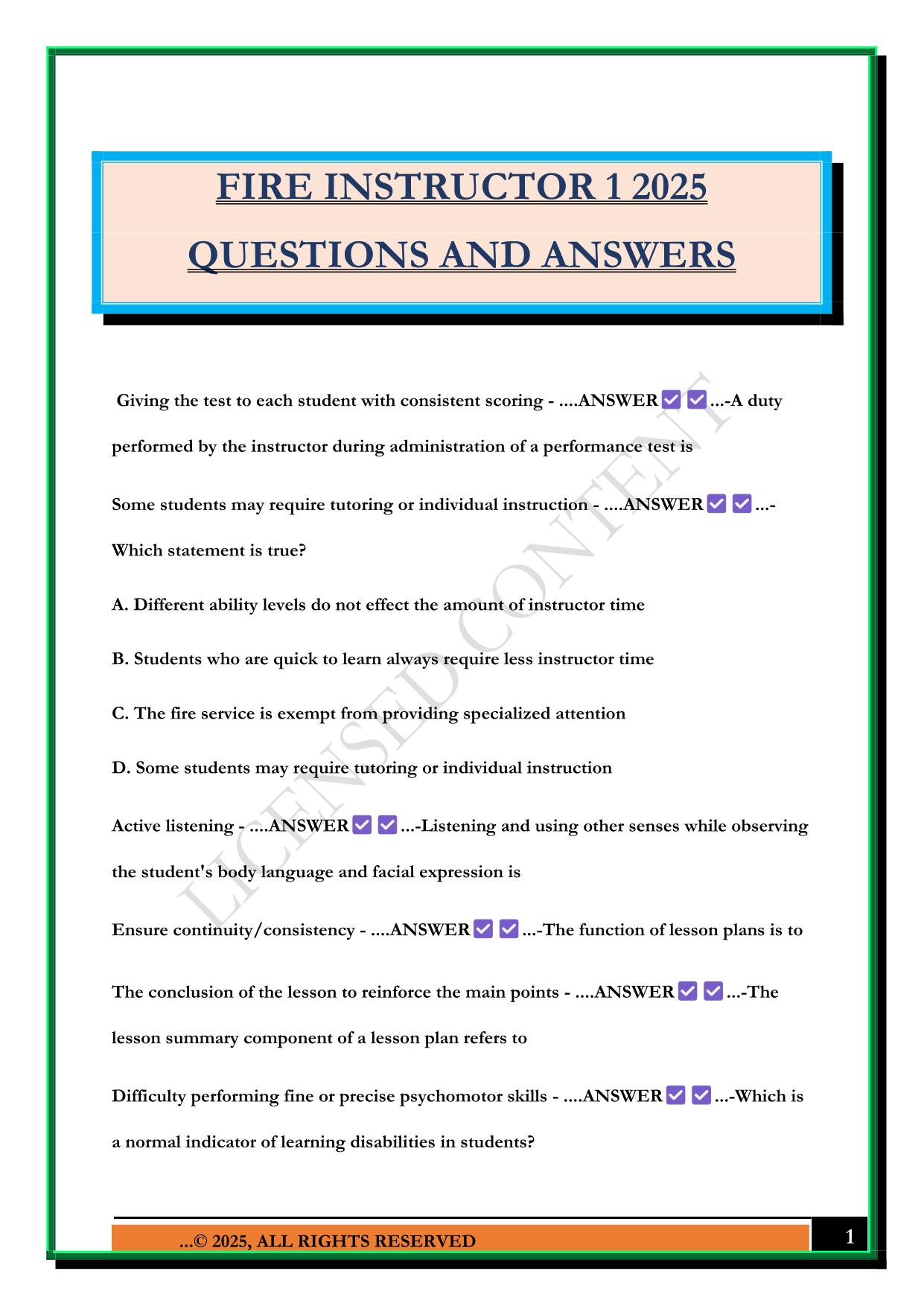 FIRE INSTRUCTOR 1 2025 QUESTIONS AND ANSWERS