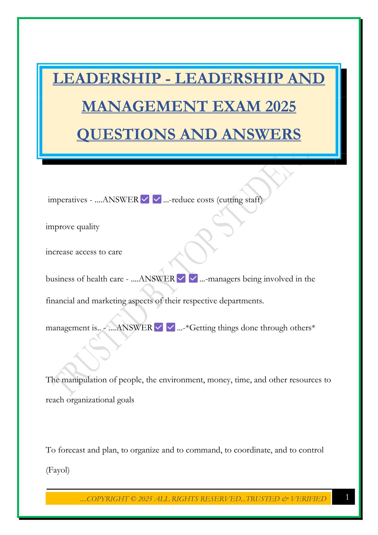 NURSING LEADERSHIP Bundled Exams Questions and Answers 100% Pass|Updated and Verified