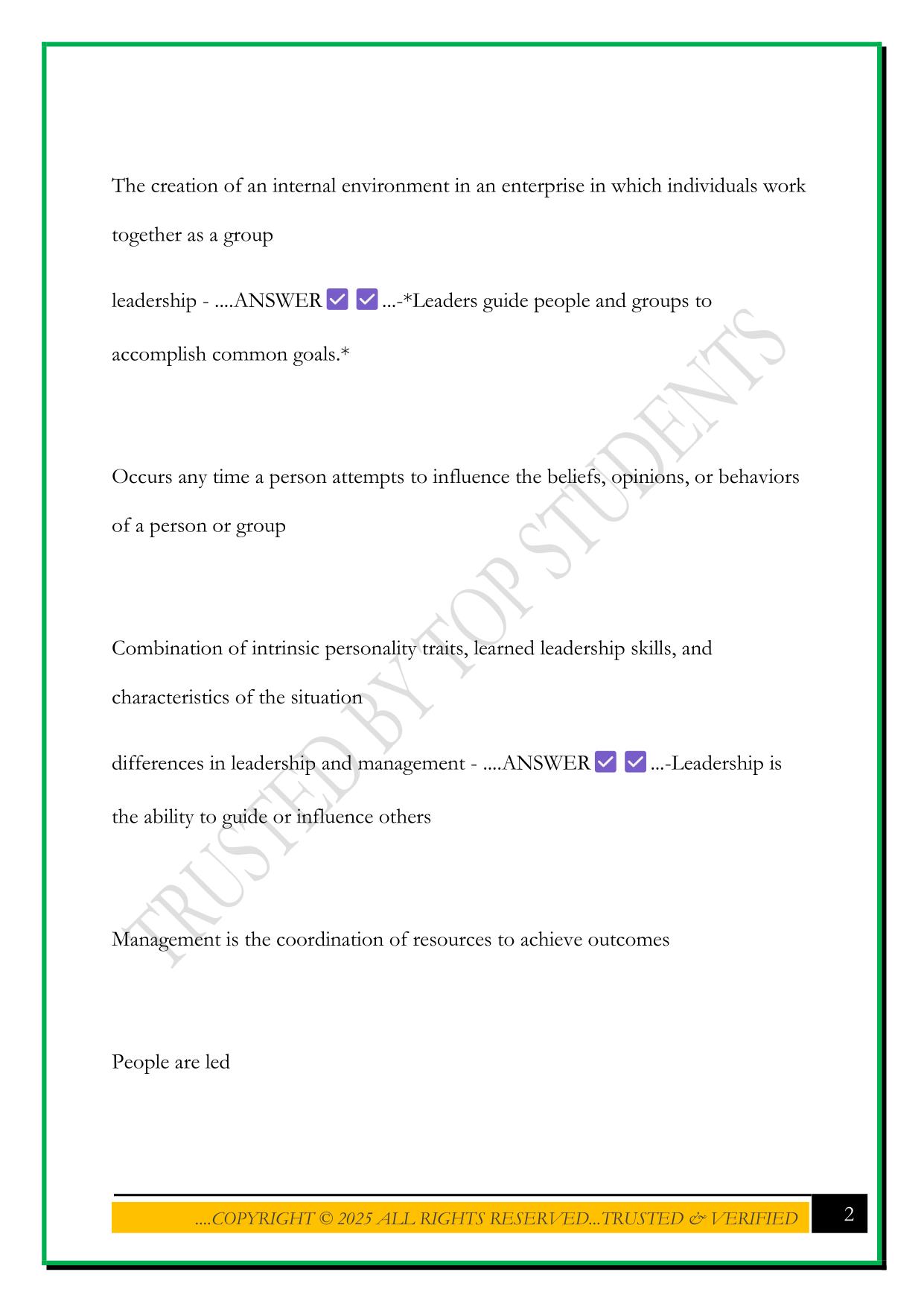 LEADERSHIP - LEADERSHIP AND MANAGEMENT EXAM 2025 QUESTIONS AND ANSWERS