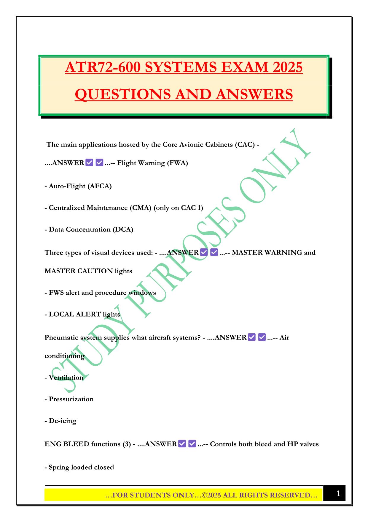 ATR72-600 SYSTEMS EXAM 2025 QUESTIONS AND ANSWERS