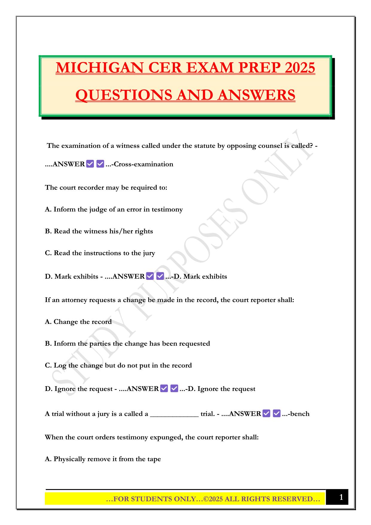 MICHIGAN CER EXAM PREP 2025 QUESTIONS AND ANSWERS
