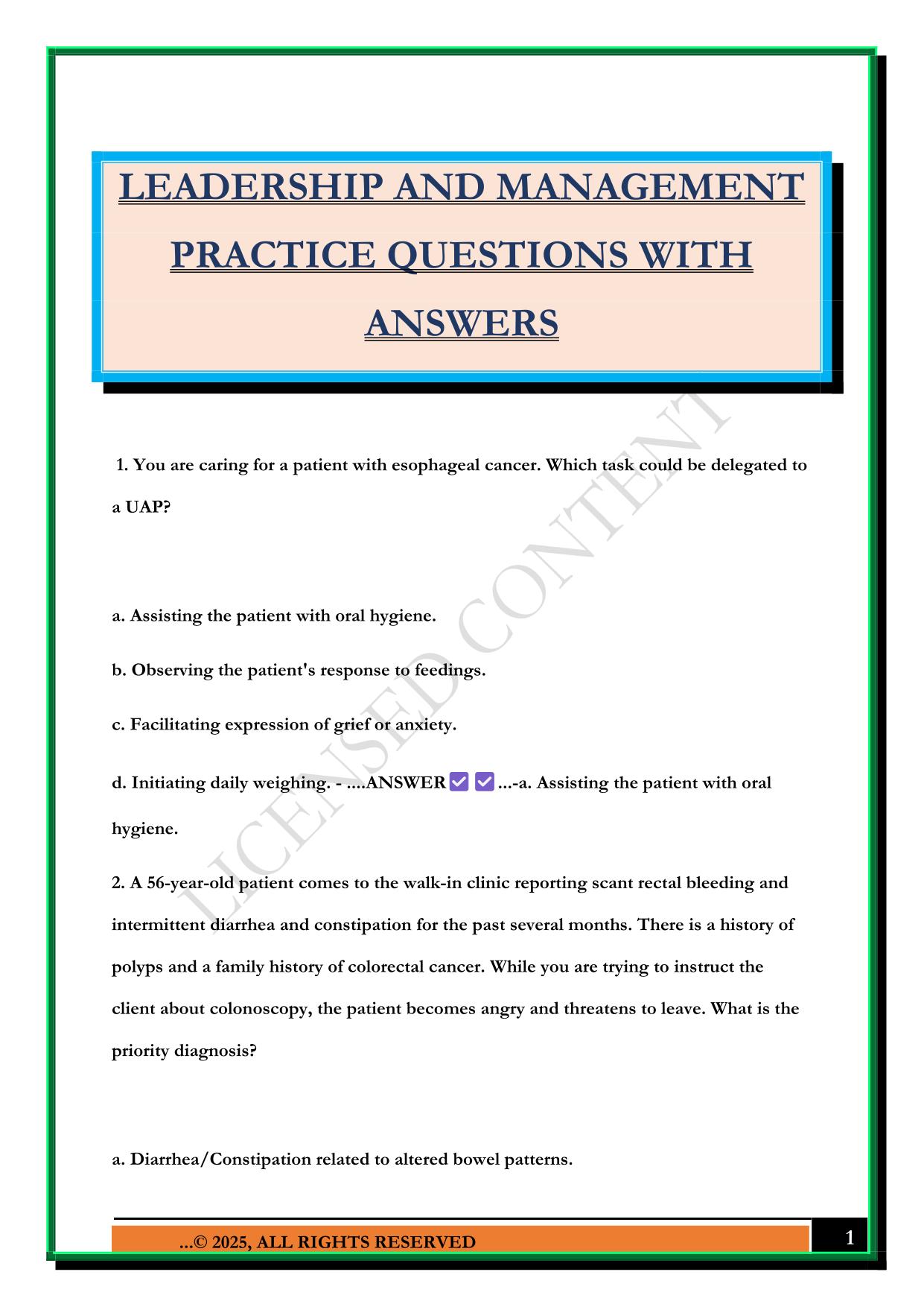 LEADERSHIP AND MANAGEMENT PRACTICE QUESTIONS WITH ANSWERS