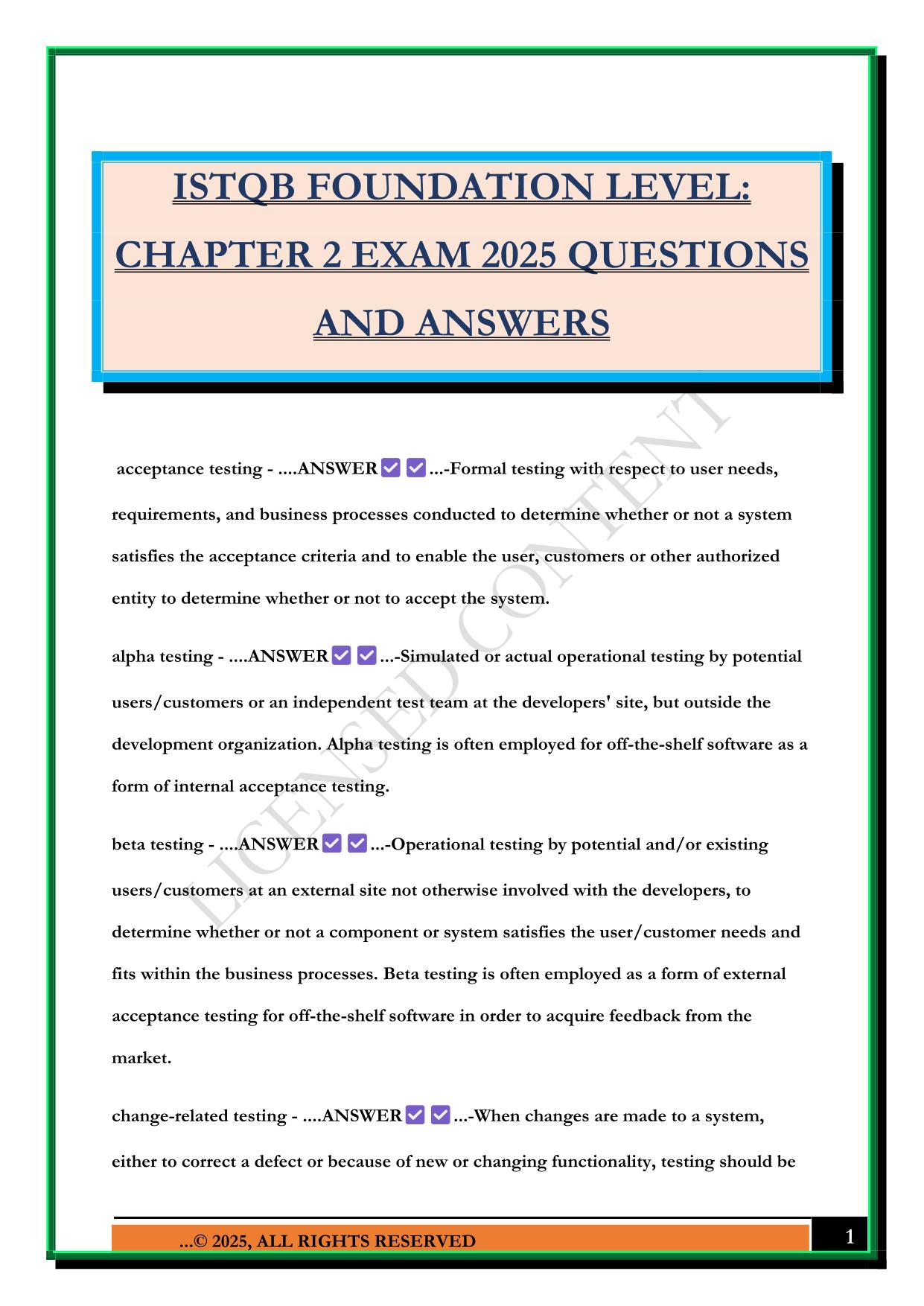 ISTQB FOUNDATION LEVEL: CHAPTER 2 EXAM 2025 QUESTIONS AND ANSWERS