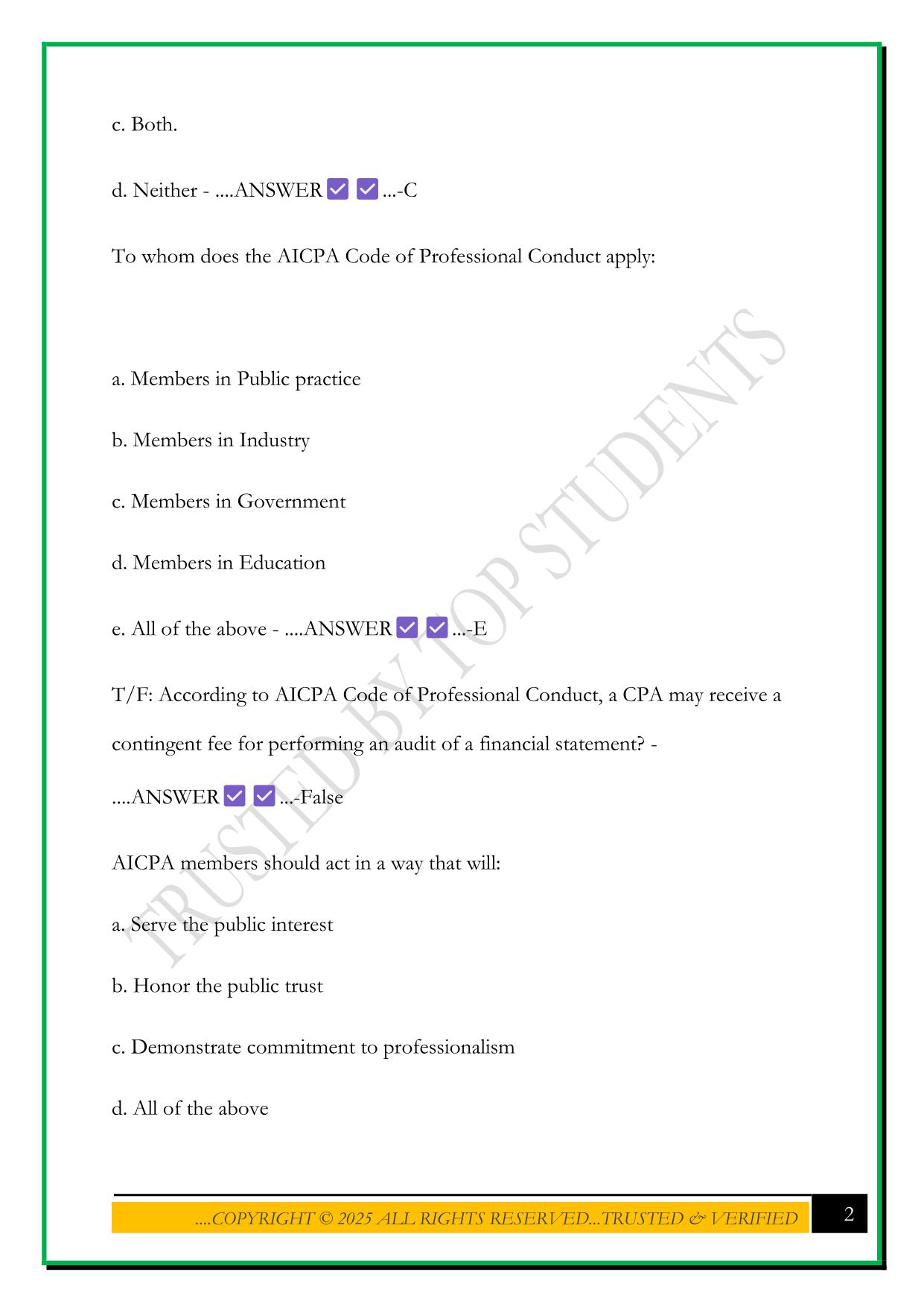 AICPA ETHICS RULES & CPA EXAM 2025 QUESTIONS AND ANSWERS