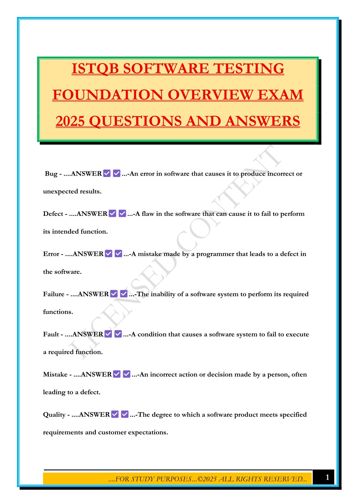 ISTQB SOFTWARE TESTING FOUNDATION OVERVIEW EXAM 2025 QUESTIONS AND ANSWERS