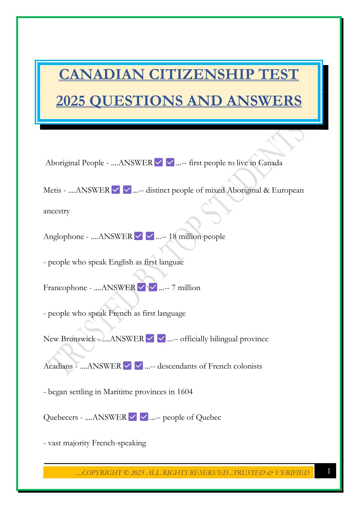 CANADIAN CITIZENSHIP TEST 2025 QUESTIONS AND ANSWERS