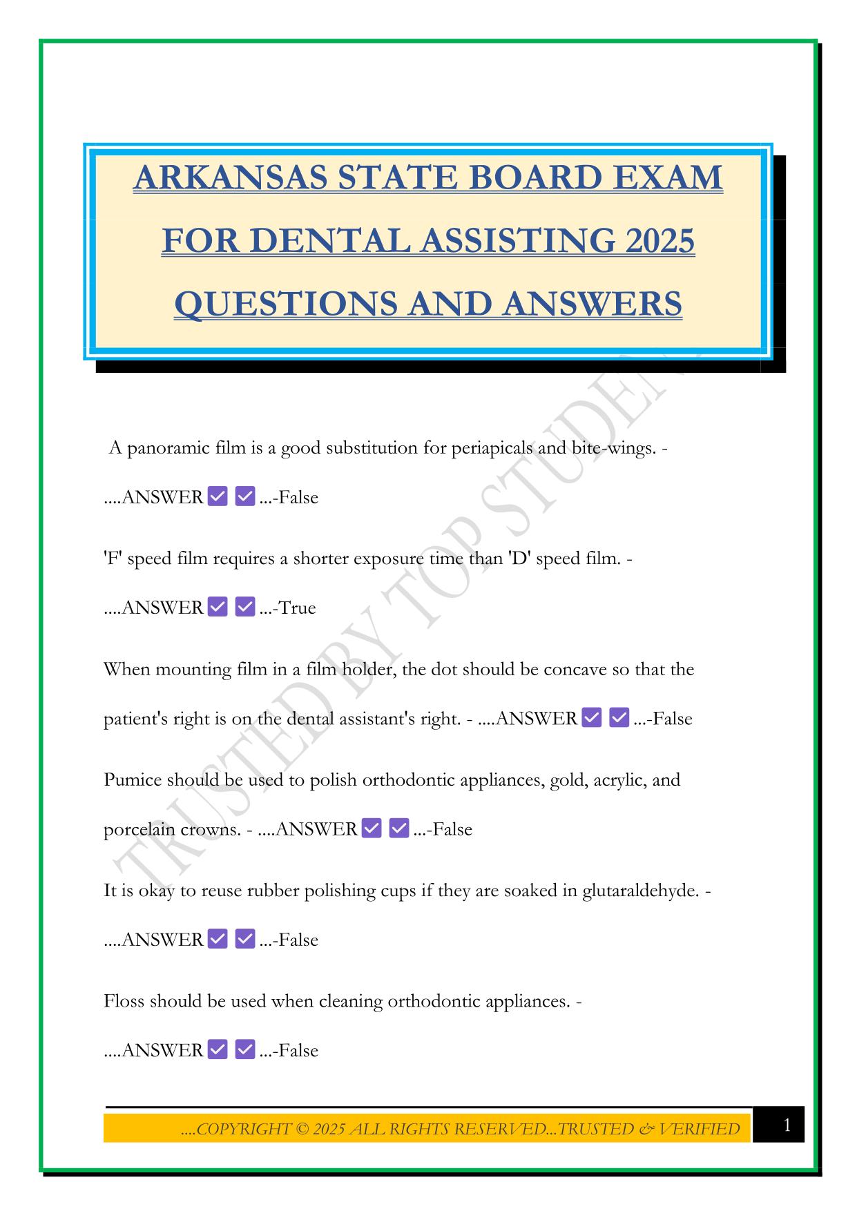 ARKANSAS STATE BOARD EXAM FOR DENTAL ASSISTING 2025 QUESTIONS AND ANSWERS