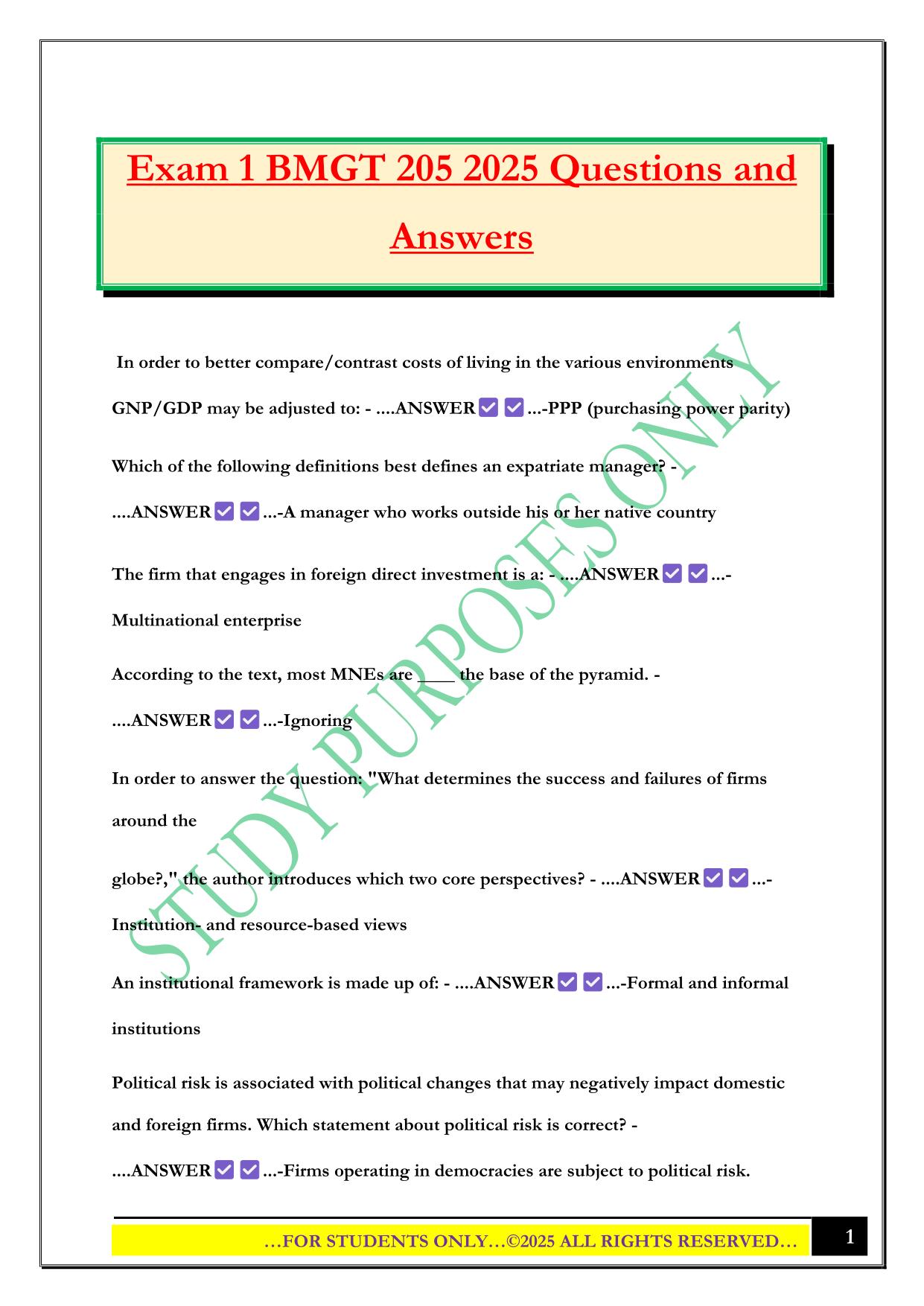 Exam 1 BMGT 205 2025 Questions and Answers
