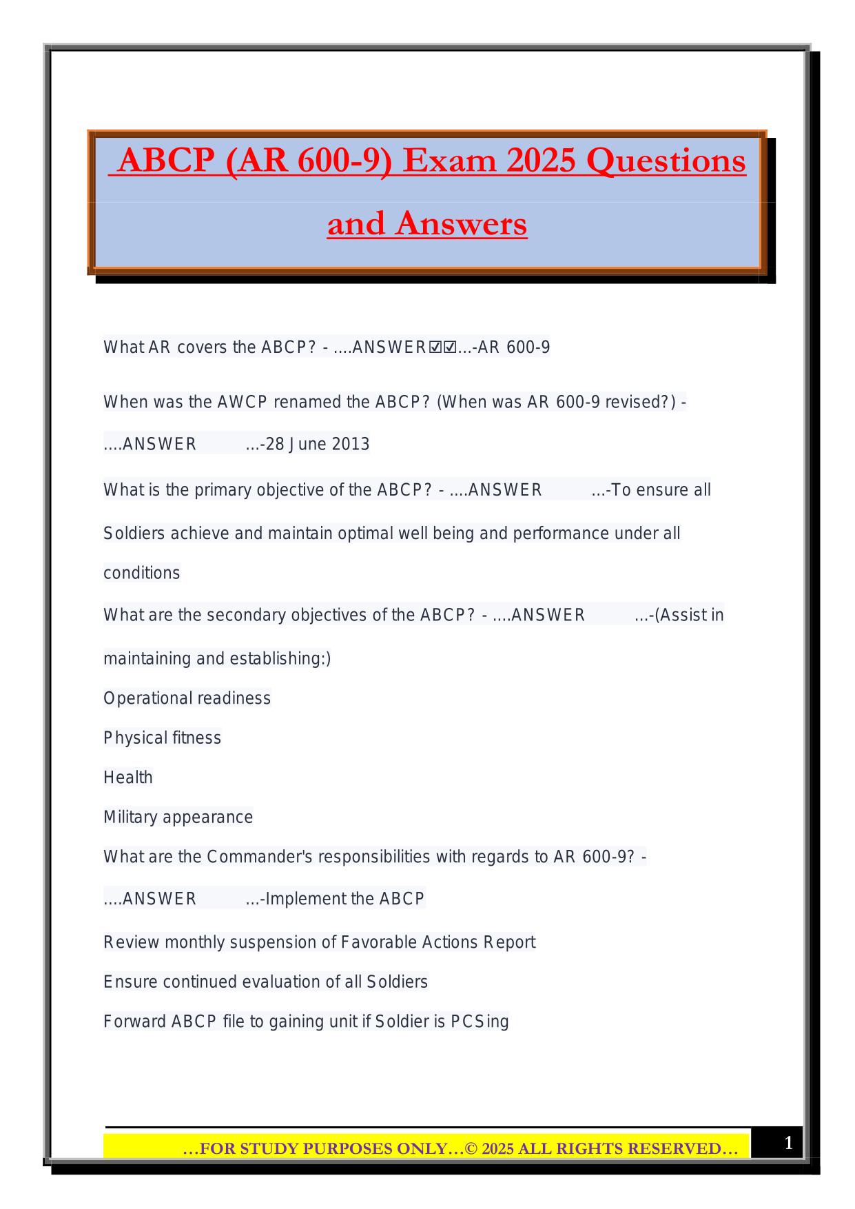 ABCP (AR 600-9) Exam 2025 Questions and Answers