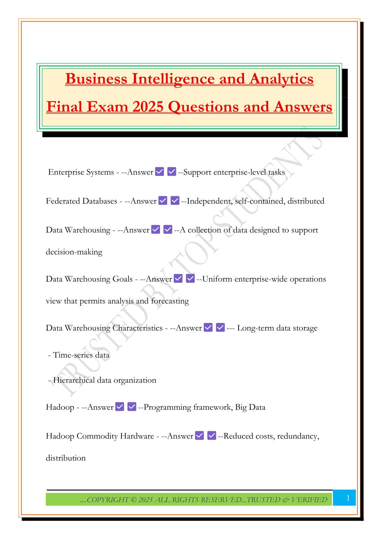 Business Intelligence and Analytics Final Exam 2025 Questions and Answers