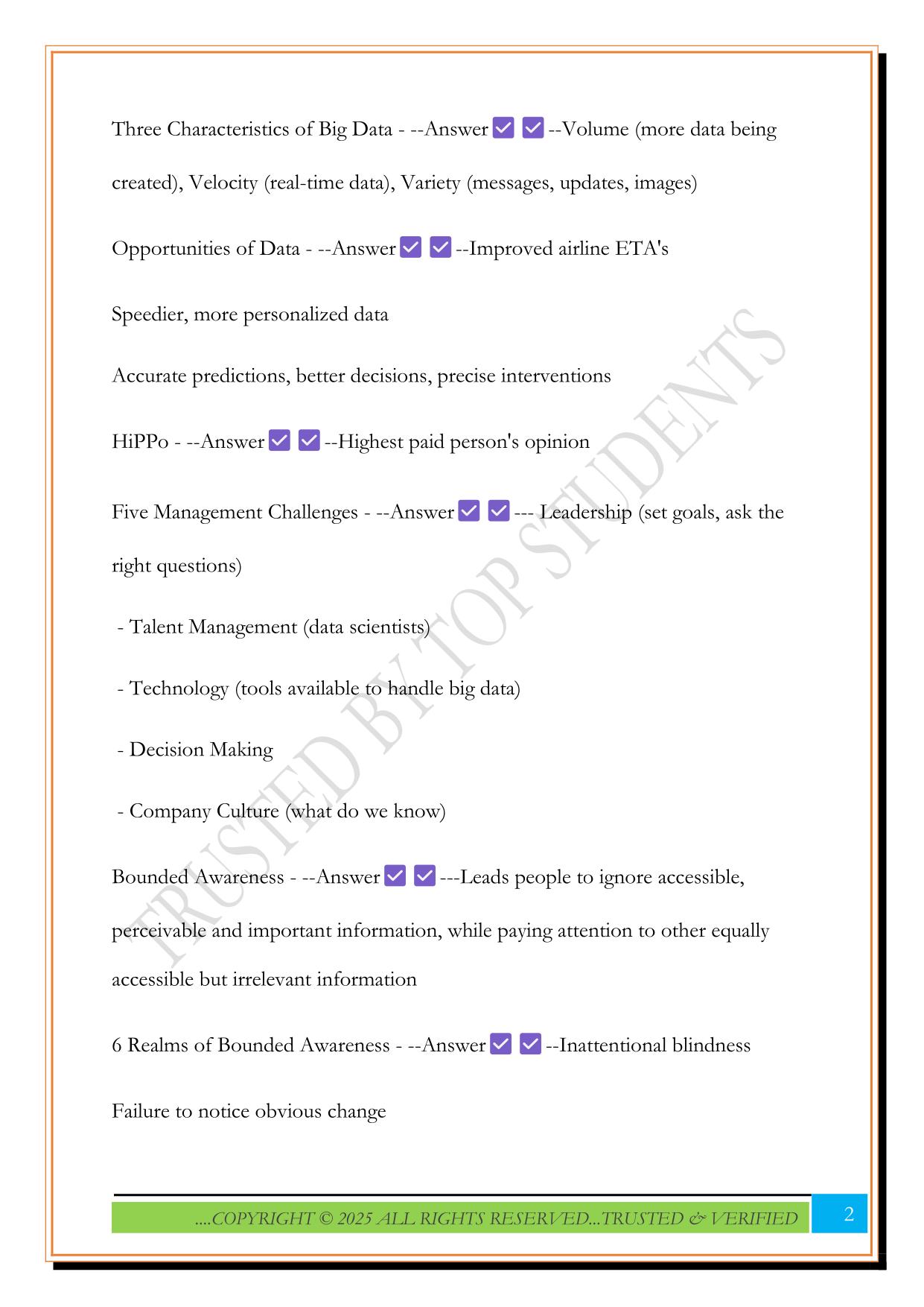 Business Intelligence and Analytics Final Exam 2025 Questions and Answers