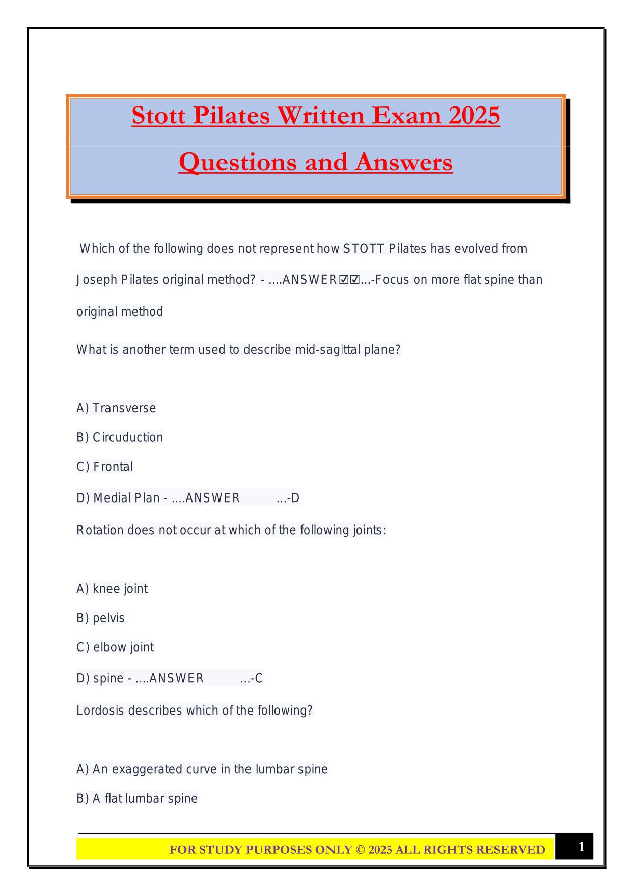 Stott Pilates Written Exam 2025 Questions and Answers
