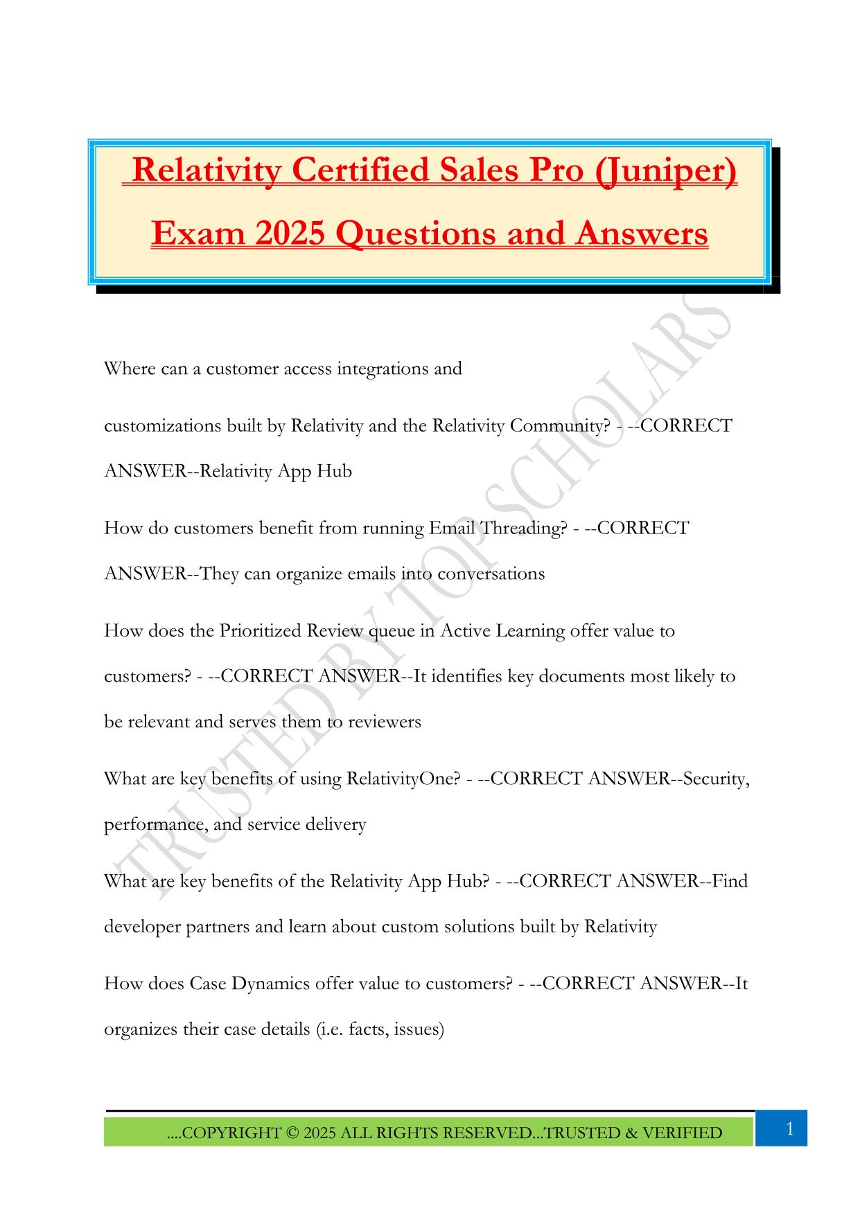 Relativity Certified Sales Pro (Juniper) Exam 2025 Questions and Answers