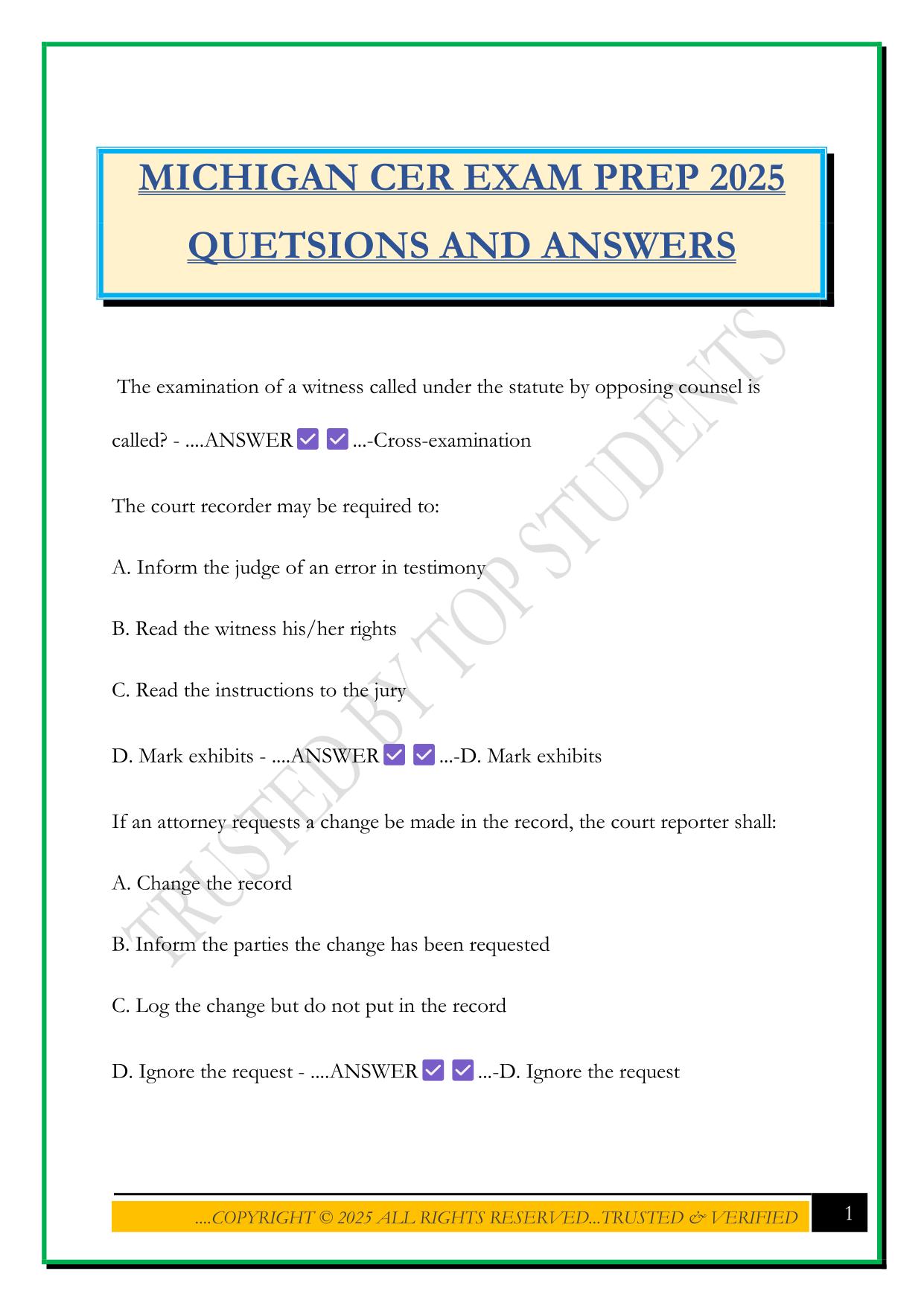 MICHIGAN CER EXAM PREP 2025 QUETSIONS AND ANSWERS
