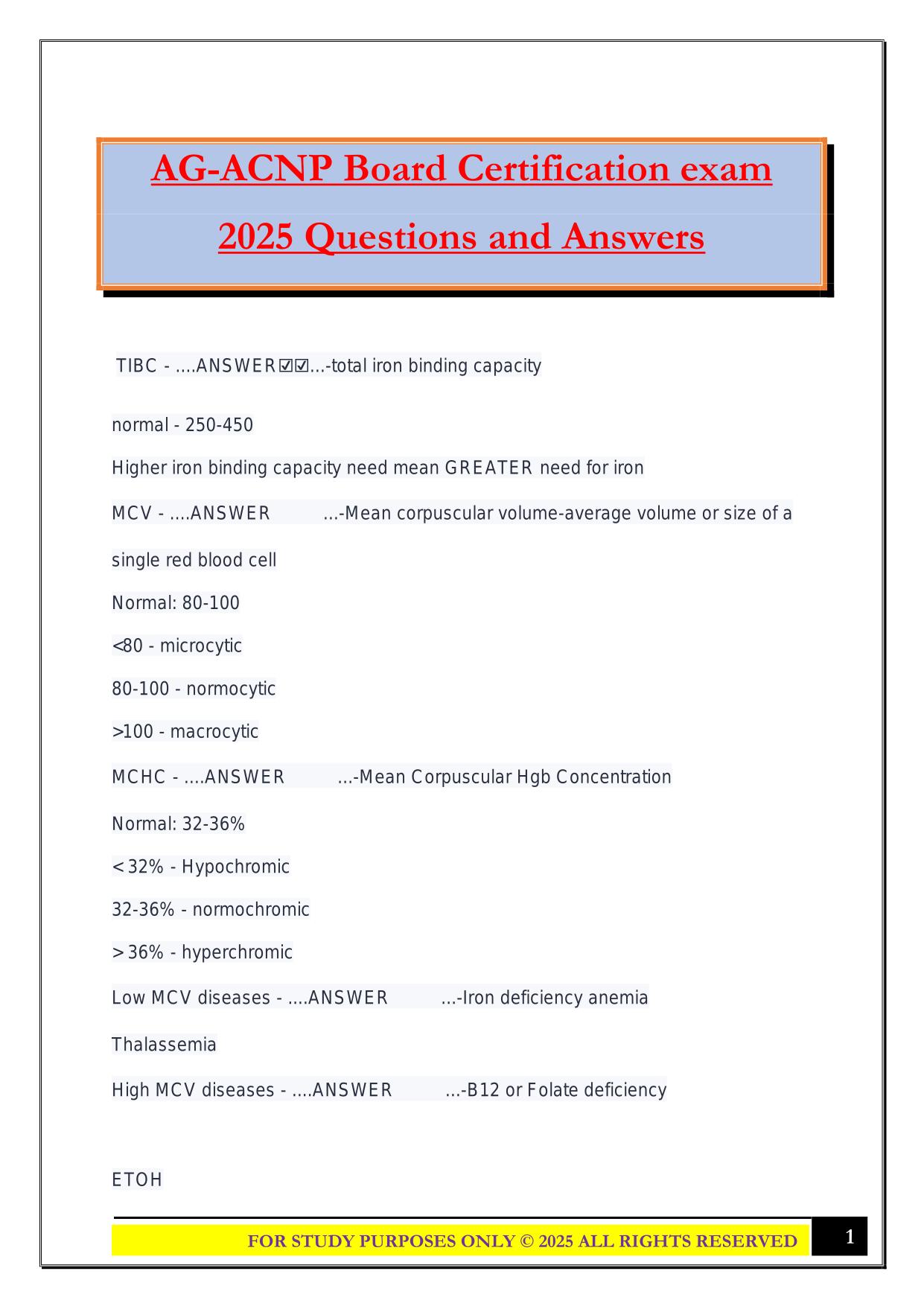 AG-ACNP Board Certification exam 2025 Questions and Answers