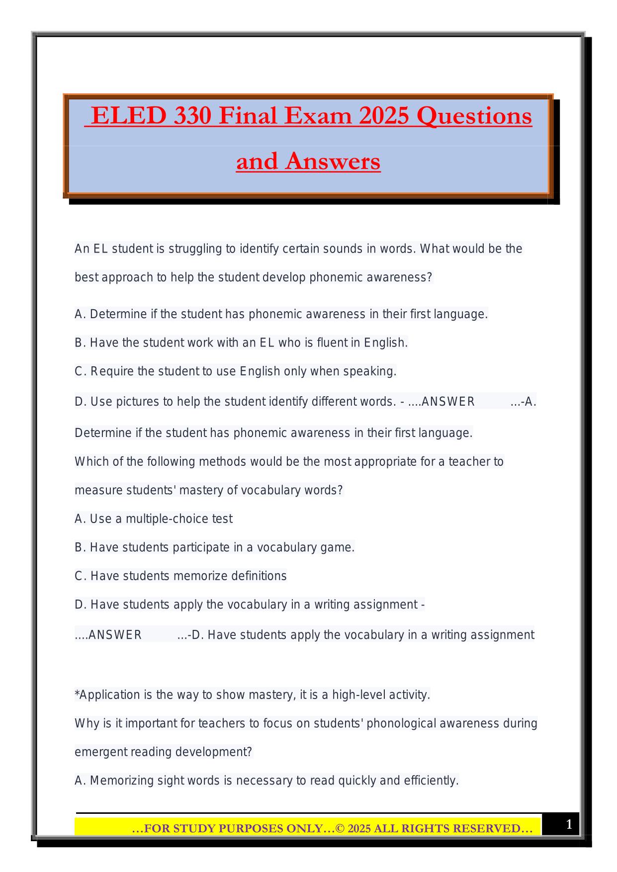 ELED 330 Final Exam 2025 Questions and Answers