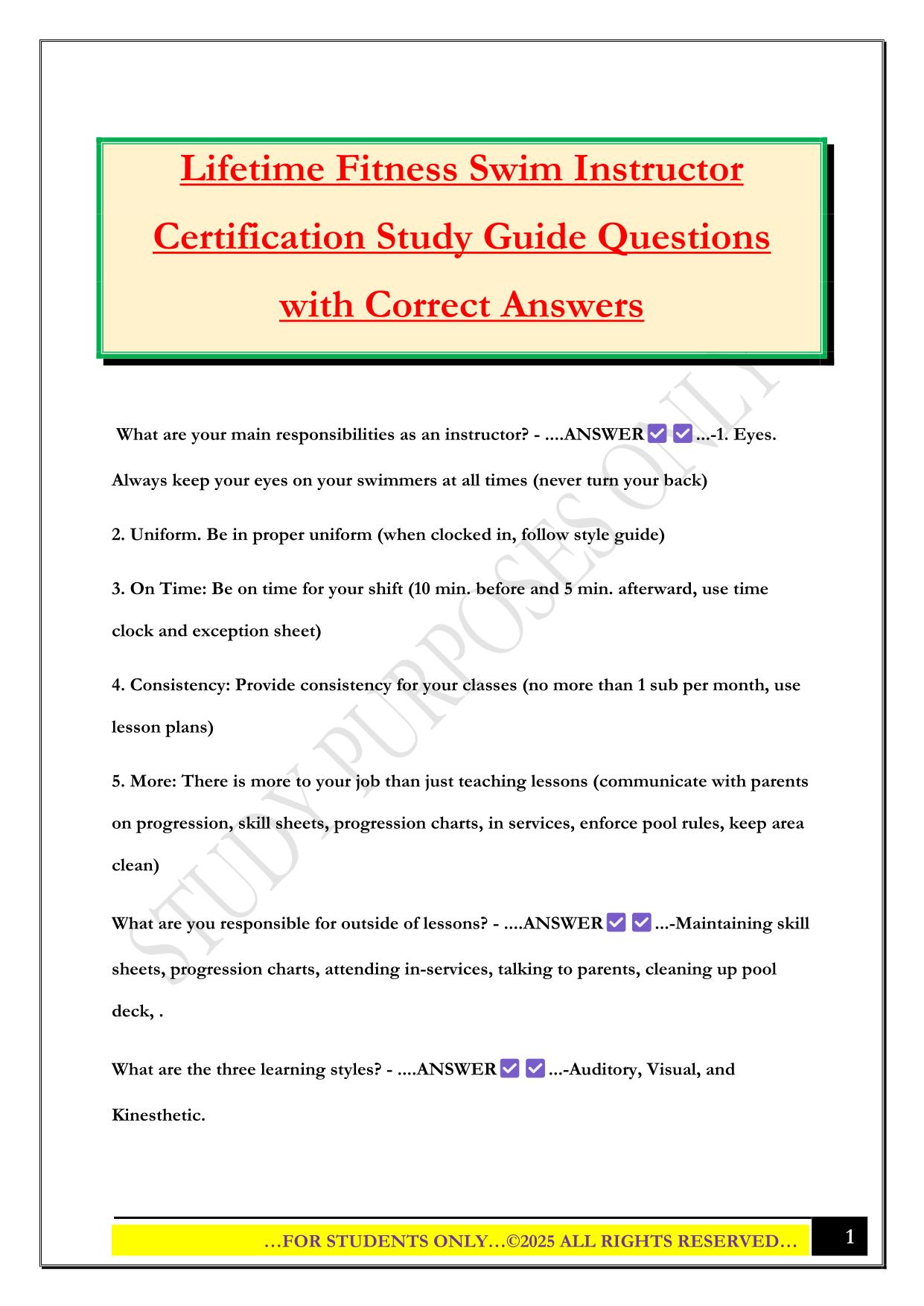 Lifetime Fitness Swim Instructor Certification Study Guide Questions with Correct Answers
