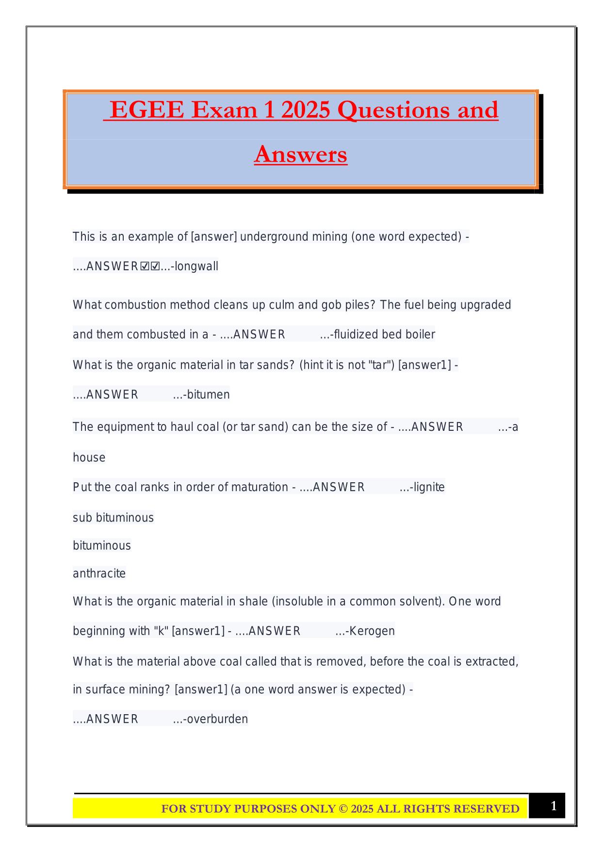EGEE Exam 1 2025 Questions and Answers