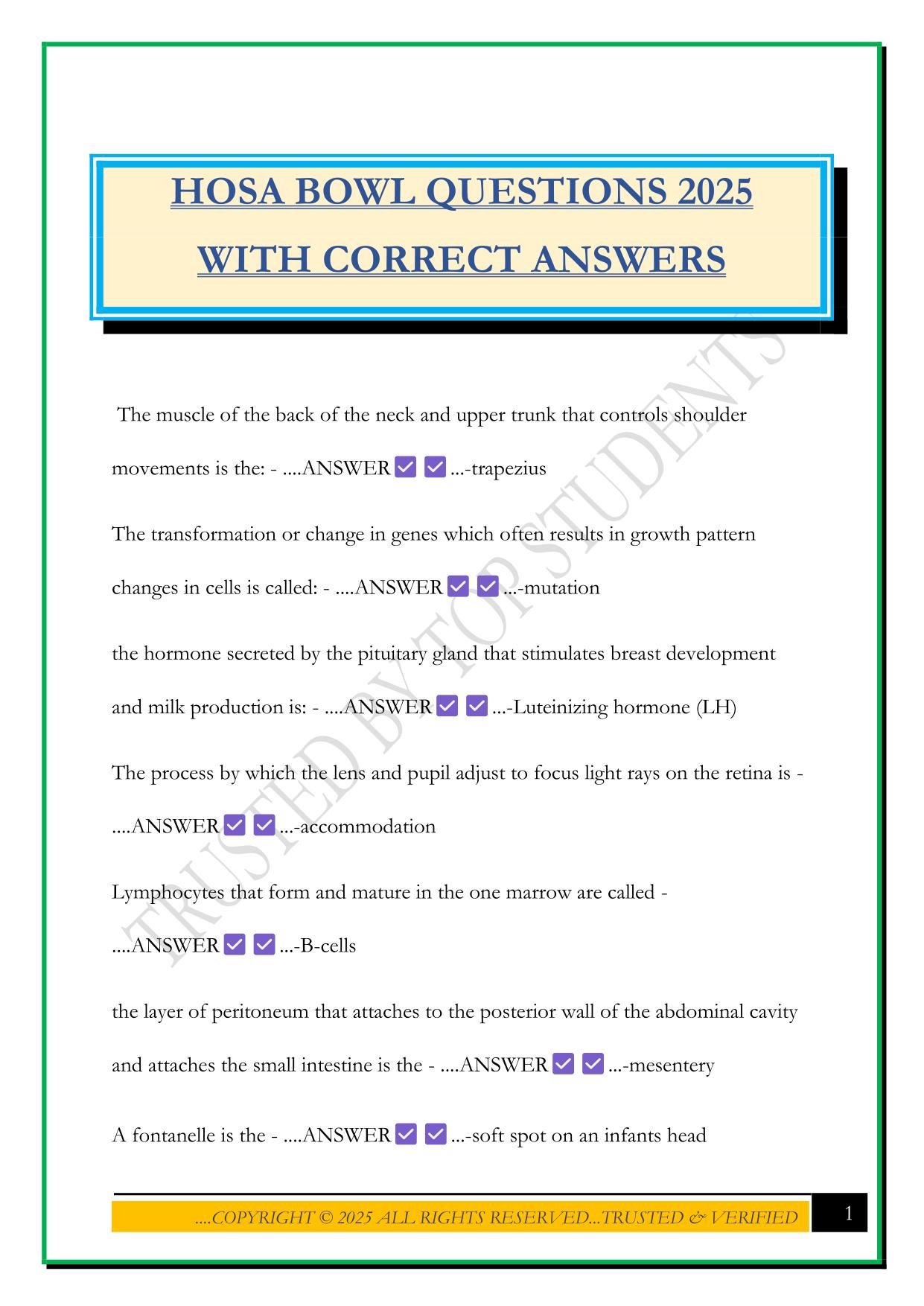 HOSA BOWL QUESTIONS 2025 WITH CORRECT ANSWERS