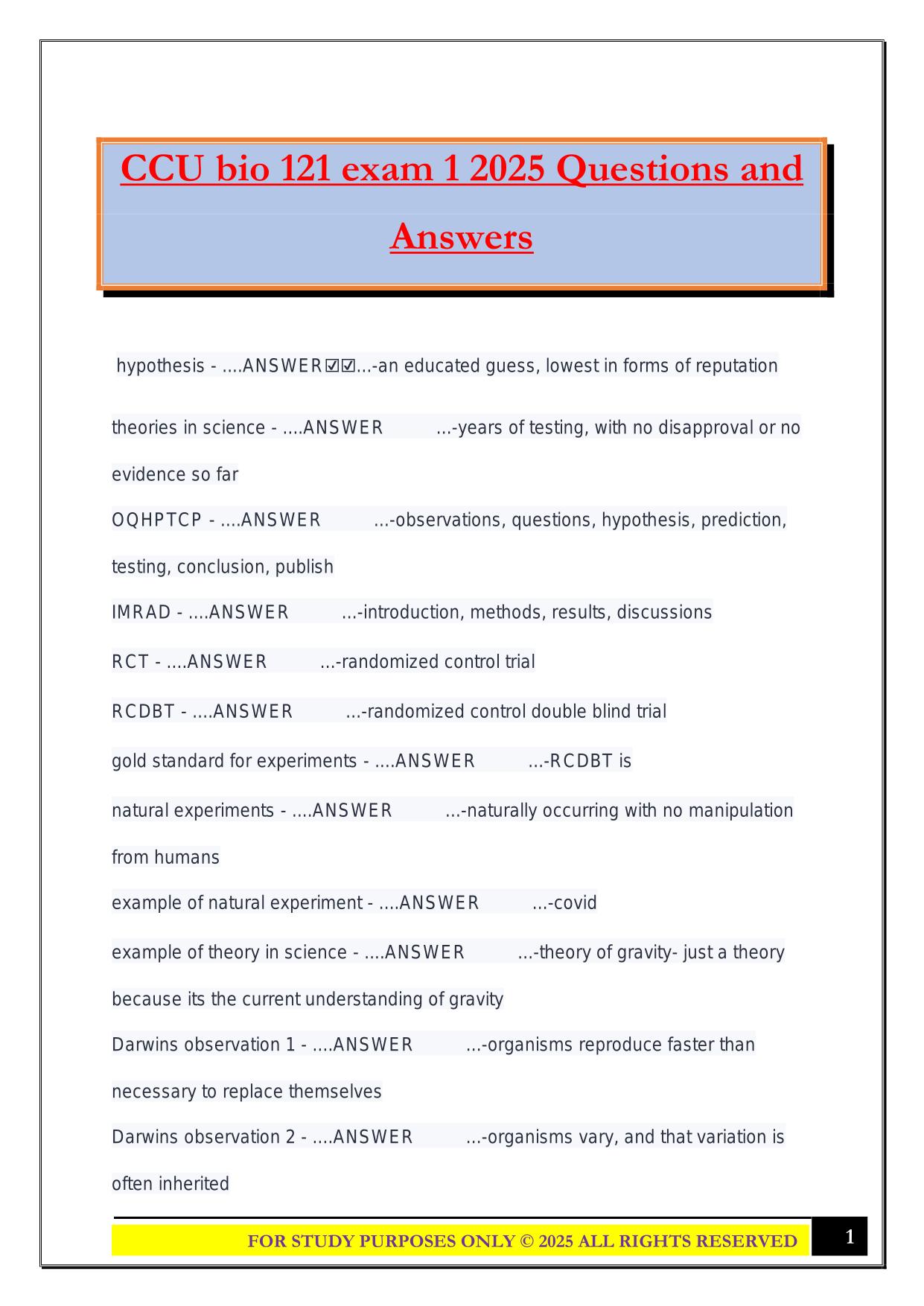 CCU bio 121 exam 1 2025 Questions and Answers