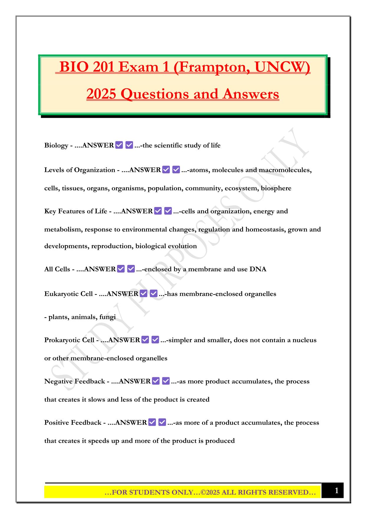 BIO 201 Exam 1 (Frampton, UNCW) 2025 Questions and Answers