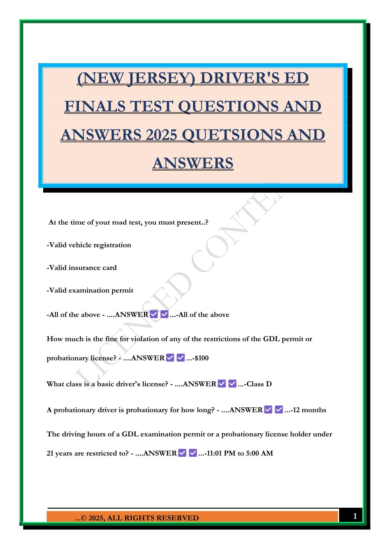 (NEW JERSEY) DRIVER'S ED FINALS TEST QUESTIONS AND ANSWERS 2025 QUETSIONS AND ANSWERS