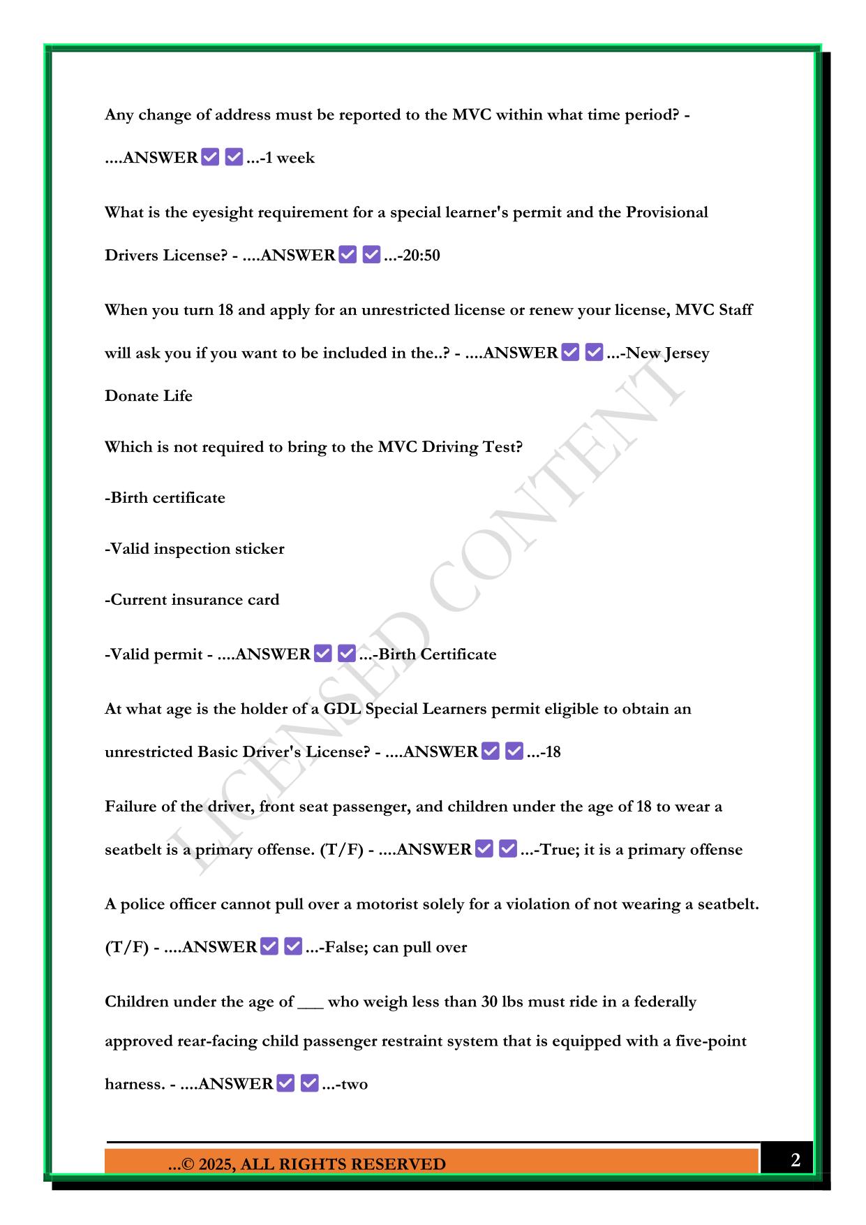 (NEW JERSEY) DRIVER'S ED FINALS TEST QUESTIONS AND ANSWERS 2025 QUETSIONS AND ANSWERS